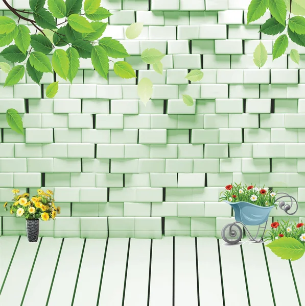 3d illustration, white brick wall with green illumination, branches with green leaves, different flowers in flowerpots