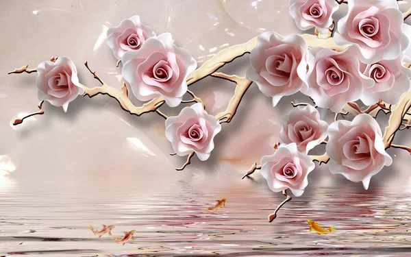 3d illustration, light background, light pink roses on a branch, reflection in water, goldfish