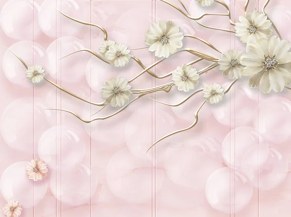 3d illustration, light pink background, bubbles, fabulous gold plated flowers