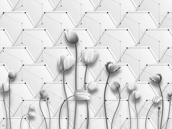 3d monochrome illustration, lines and dots, monochrome tulips