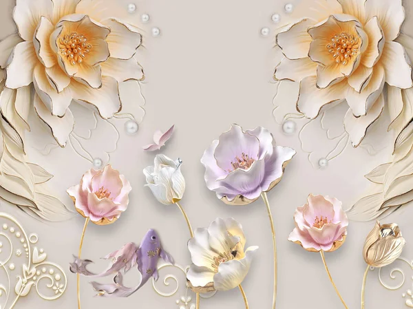 3d illustration, beige background, embossed, pearls, large beige, white and pink flowers