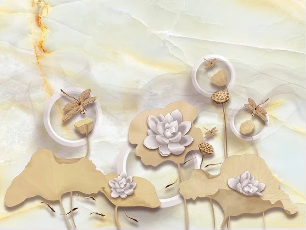 3d illustration, marble background, white rings, beige leaves, white and beige fairy flowers, goldfish