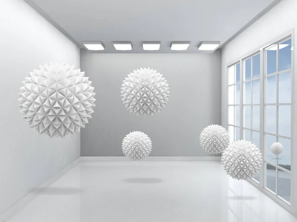 3d illustration, empty gray interior with window, large gray paper origami balls