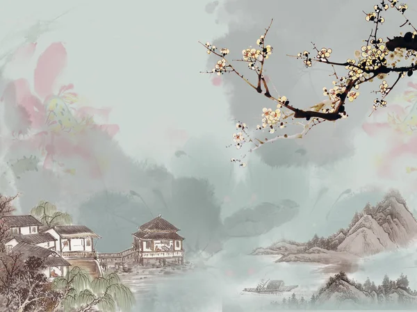 Landscape illustration, clouds, gray background, hills, flowering branch, village houses on stilts on the lake — Stock Image Landscape Illustration Clouds Gray Background Hills Flowering Branch Village Houses Stock Image