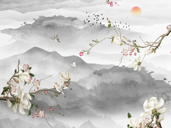 Landscape illustration, gray mountains and hills, sunset, three branches with white and pink flowers, a flock of birds flies away