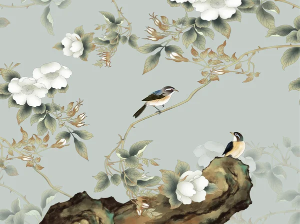 Gray background, rock, thin branches with white flowers, two sitting birds