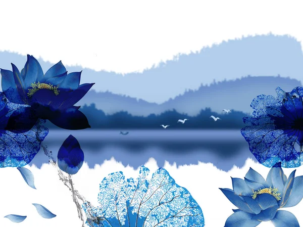 Landscape illustration, white and blue background, forest, fog, blue water lilies with leaves, a flock of birds flying over the lake