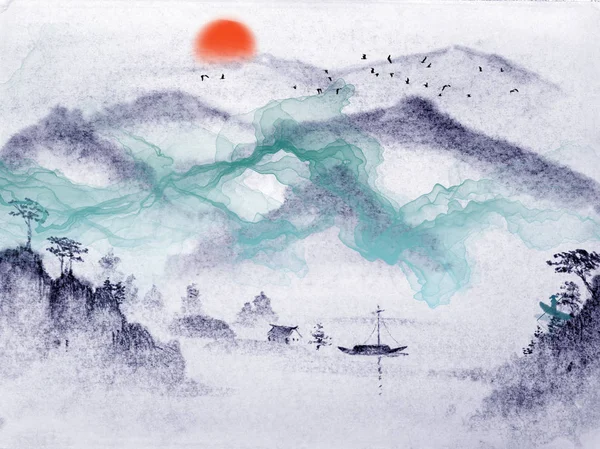 Landscape illustration, hills, forest, fog, sunset, boat, house, flock of birds in the sky, green abstract waves