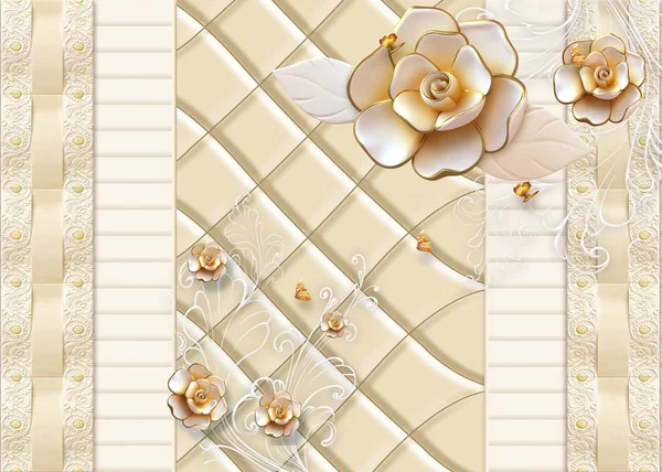 3d illustration, beige background, tile and monograms, large and small beige gilded roses and golden butterflies