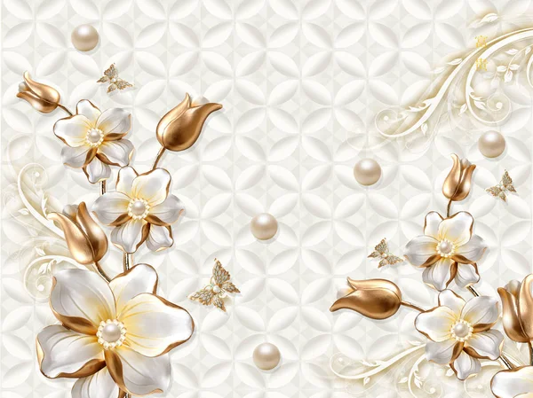 3d illustration, beige background with patterns, pearls, white gold-plated ornamental flowers, butterflies