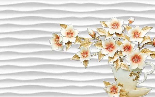 3d illustration, white background, waves, white and pink flowers with beige leaves in a vase