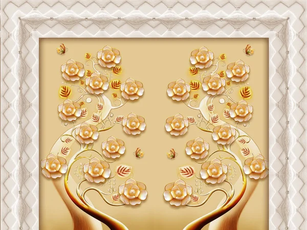3d illustration, beige background, light frame, golden curved tree with beige gold-plated flowers