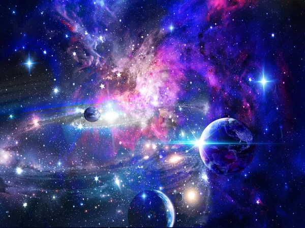 Dark cosmic background, universe, bright stars, three large blue planets