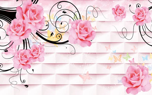 3d illustration, pink tile, colorful butterflies and large buds of pink roses on black ornamental branches