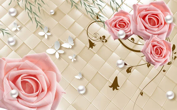 3d ilustración, fondo beige, cubos, perlas, mariposas de papel blanco, capullos rosados grandes Imagen De Stock