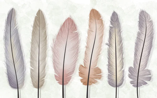 Six different colored feathers on a light marble background