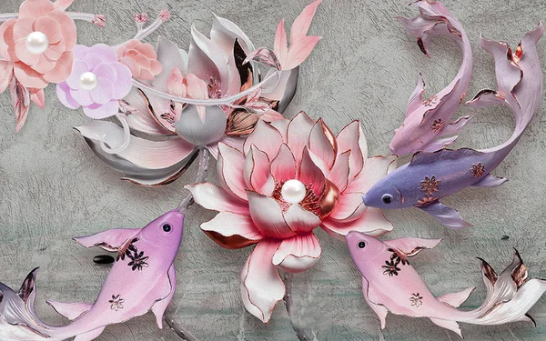 3d illustration, gray textured background, large blue and lilac fish, pink and gray water lilies, two flowers with pearls on a gray branch