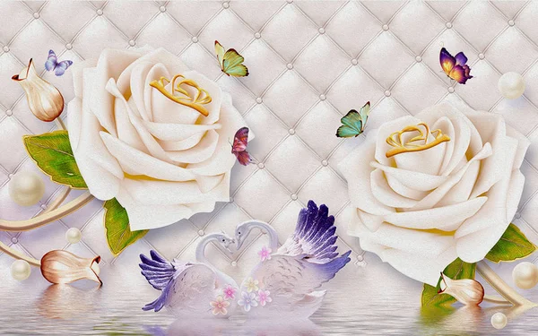 3d ilustración, fondo claro, tapicería, dos rosas beige grandes, un par de cisnes, mariposas coloridas Imágenes De Stock Sin Royalties Gratis