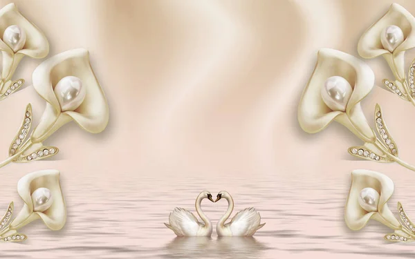 3d illustration, beige background, a pair of swans in the water, beige pearl calla flowers