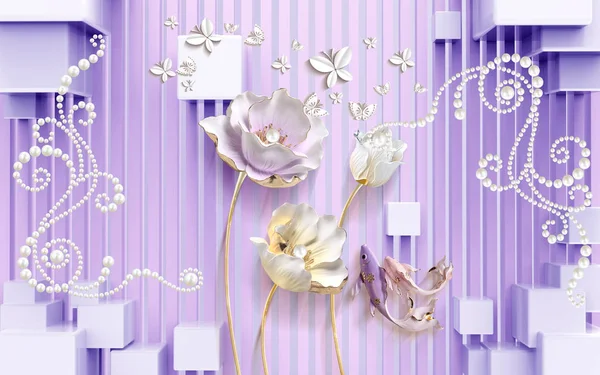 3d ilustración, fondo lila, rayas verticales, cubos, rosas ligeras grandes, mariposas de papel blanco, perlas Imagen De Stock