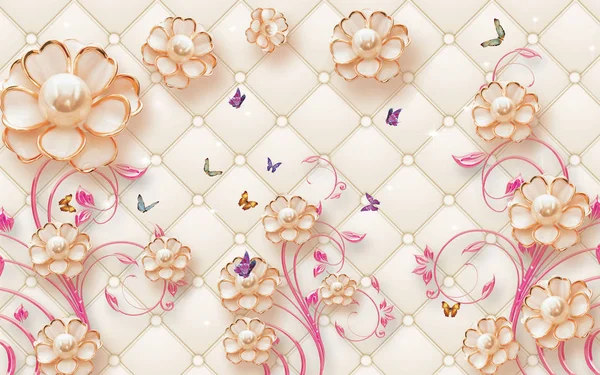 3d illustration, beige background, upholstery, abstract gilded flowers with pearls on pink ornamental stems, multi-colored butterflies