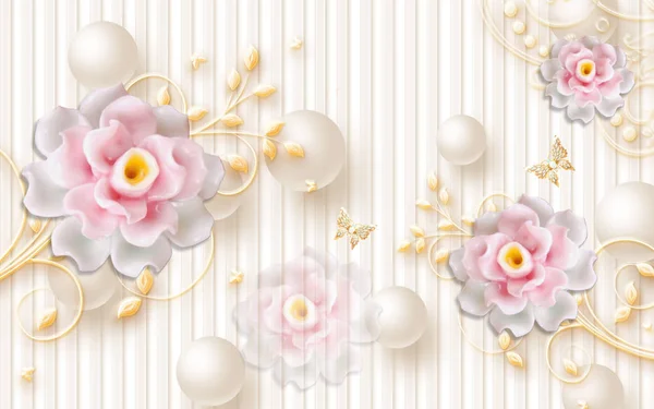 3d illustration, beige background with vertical stripes, beige balls, white and pink abstract ceramic flowers on ornamental stems
