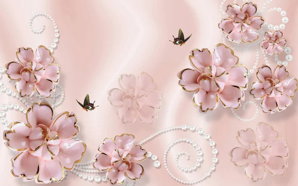3d illustration, light pink background, pearl ornament, pink gilded ceramic flowers, two dark butterflies