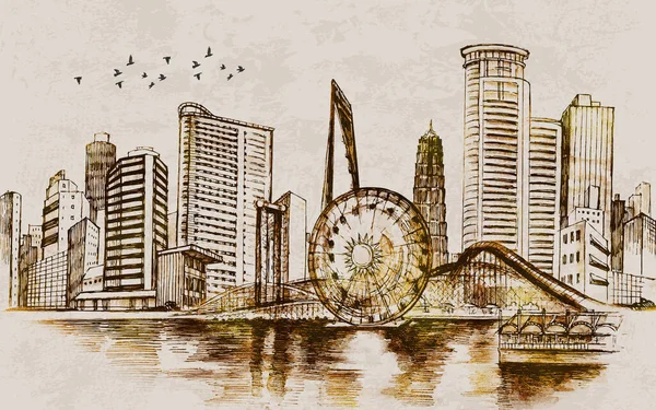 Brown outlines of a big city - skyscrapers, bridge, embankment, ferris wheel, on a beige background
