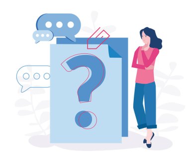 Kadın işçi ve soru işareti olan büyük kağıt.