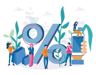 İnsanlar internetten alışveriş yapıyor. E-ticaret ve online alışveriş. İndirim, çevrimiçi dükkanda satış. Web pankartı, bilgi grafikleri ve mobil için vektör illüstrasyonu