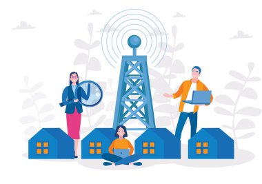 Evler, elektrik kulesi, dalgalar ve çizgi film insanları.