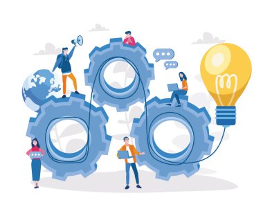 İş ekibi ve dişli tekerlekleri. vektör illüstrasyonu