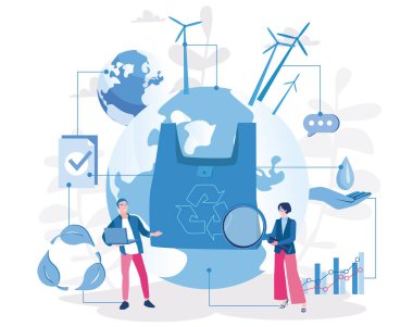 Toprak küresi olan karikatür adam ve kadın ve geri dönüşüm işaretli plastik çanta.