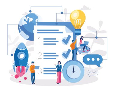 Kontrol listesi, iş konsepti. Web pankartı, bilgi grafikleri ve mobil için vektör illüstrasyonu.