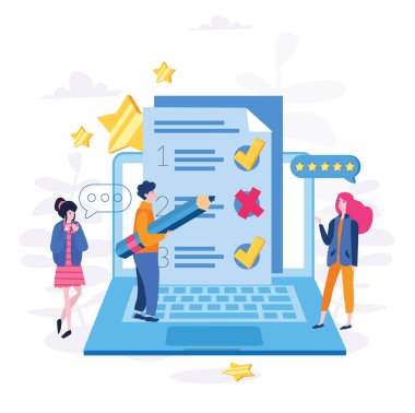 büyük dizüstü bilgisayar ve kontrol listesindeki işçi takımının karikatür vektör çizimi