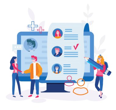 büyük monitör ve cv ile çalışan insanların çizgi film vektör illüstrasyonu