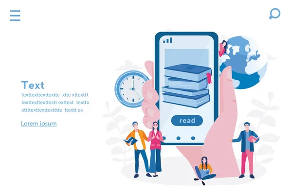 Handhållen Smartphone Med Böcker Skärmen Och Små Tecknade Människor — Stock vektor