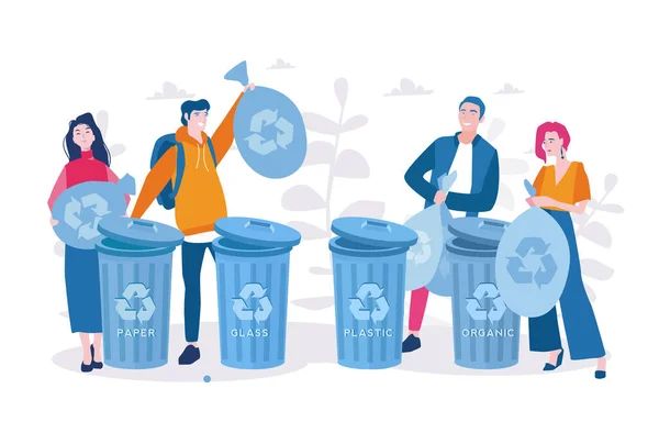 Šťastní Lidé Pytli Odpadky Stojící Koše Recyklačními Značkami Vektorová Grafika