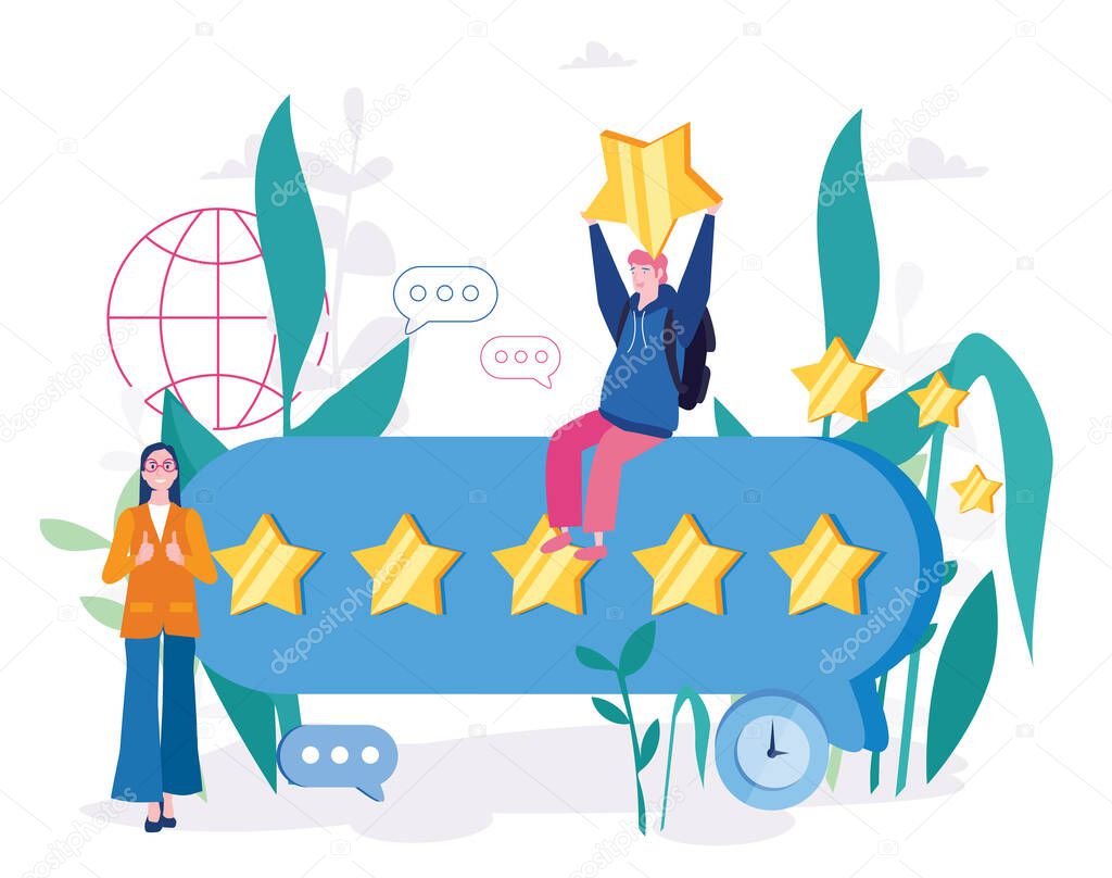 happy man and woman with review stars