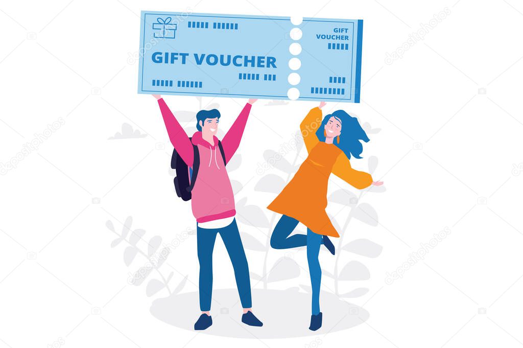 happy cartoon man and woman with gift voucher