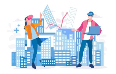 Etrafı binalarla çevrili VR gözlüklü insanlar.