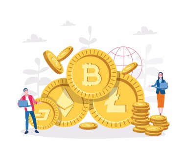 Kripto para birimi, engelleme zinciri ve para, vektör illüstrasyonu.