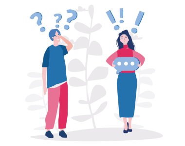 Soru işaretleri ve ünlem işaretleri olan karikatür adam ve kadın.
