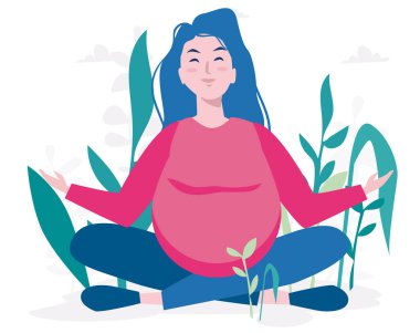 Bitkilerle yoga yapan mutlu hamile kadın.