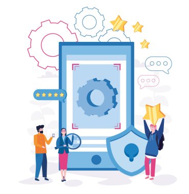 büyük akıllı telefonlu çalışanların karikatür vektör çizimi