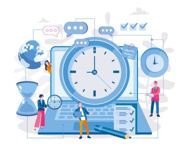 Ekranda geniş dizüstü bilgisayarı ve saati olan mutlu çalışma ekibi