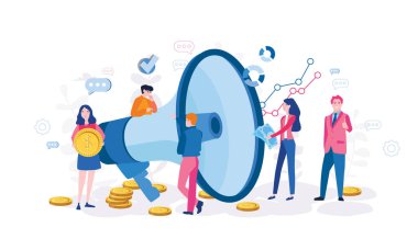 İş pazarlaması, megafonu olan insanlar. vektör illüstrasyonu