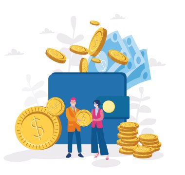 Cüzdanı ve bozuk paraları olan adam ve kadın, çizgi film vektör çizimi