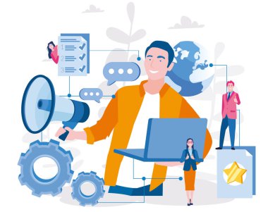 Megafon ve dizüstü bilgisayarı olan mutlu bir adam, küçük çalışma takımı.