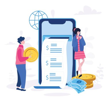 İnsan ve sikkelerle dolu akıllı telefondaki ATM 'nin karikatür vektör çizimi
